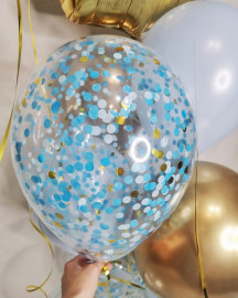 Шар с конфетти, Голубой с золотом, круги тишью